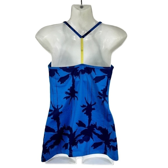 Pure Barre Lynx Blue & Yellow Palm Tree Pattern Y-Strap Tank Top Woman’s Sz SM - Picture 3 of 11